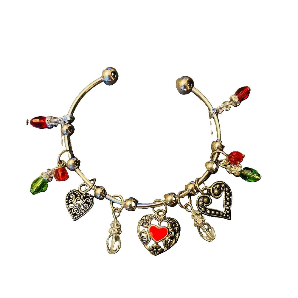 Christmas Joy Bracelet Silver & Glass Cuff Slide Sz 7